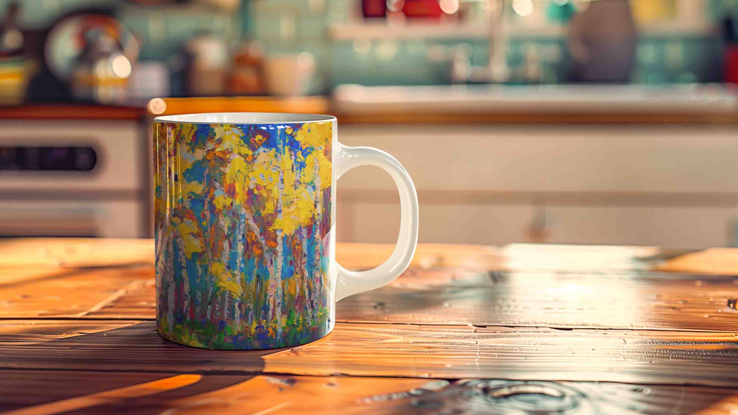 paintings of trees print on coffee mug with AI generated maximalist kitchen in background