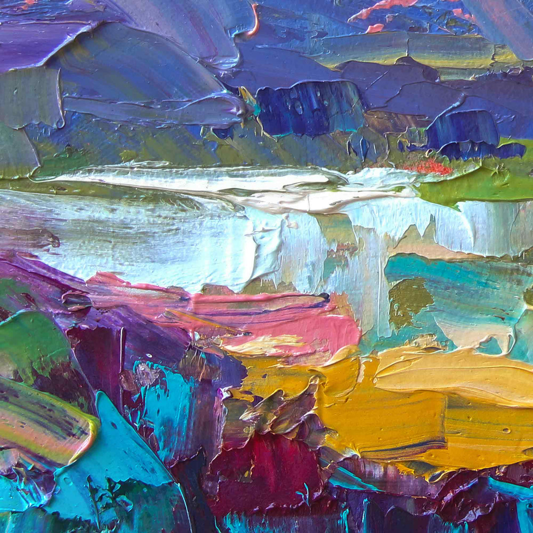 Detail close up of palette knife impasto painting of abstract landscape painting painted with palette knife of Pacific Northwest valley by Oregon artist Talya Johnson.