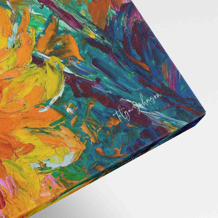 Detail close-up of gallery wrapped canvas showing Talya Johnson artist signature.