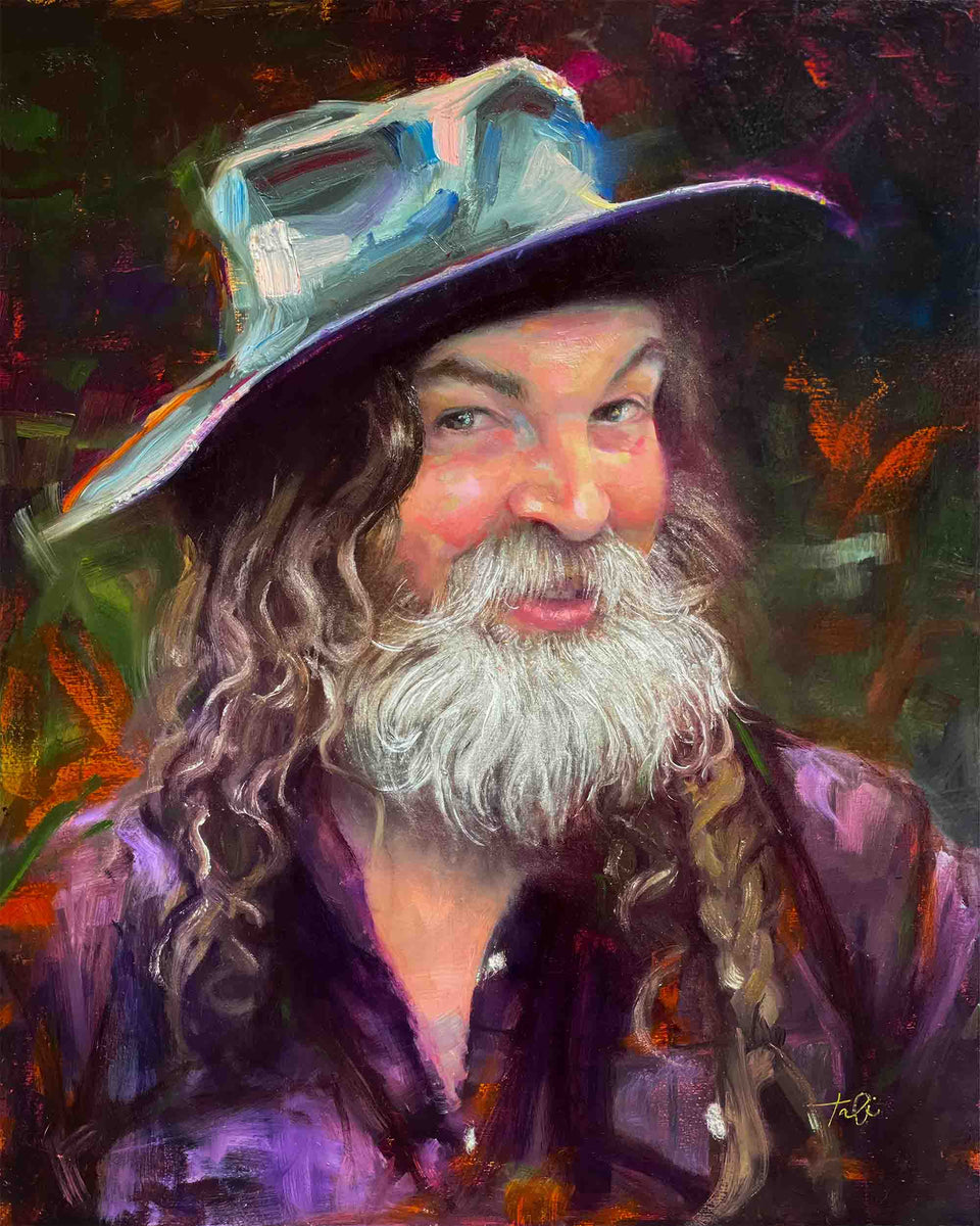Portrait oil painting of a bearded man wearing a hat.