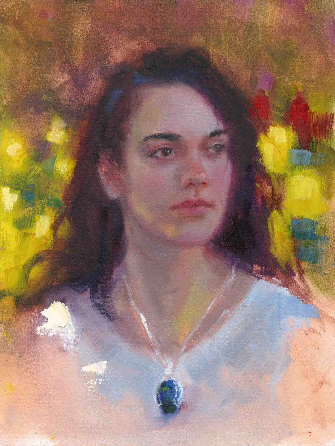 Realistic oil portrait painting of young woman with dark wearing white dress and blue pendant with tulips in garden painting by Oregon artist Talya Johnson.