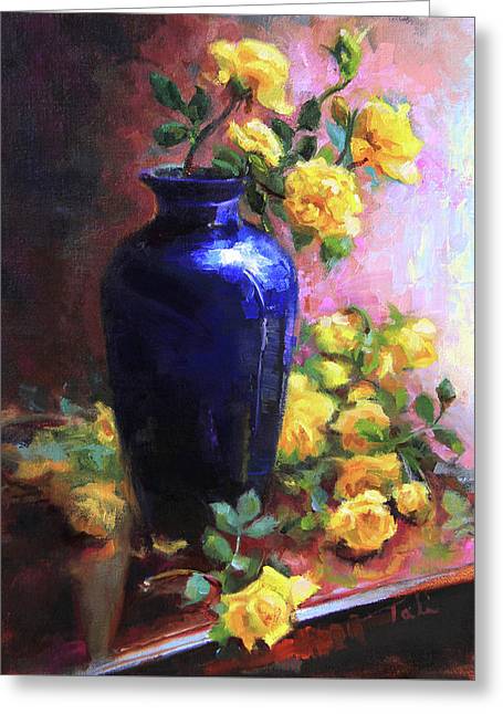 Persian Cobalt - yellow roses in cobalt vase - Greeting Card