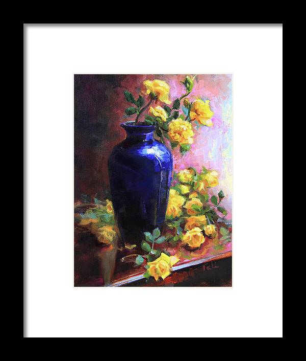 Persian Cobalt - yellow roses in cobalt vase - Framed Print
