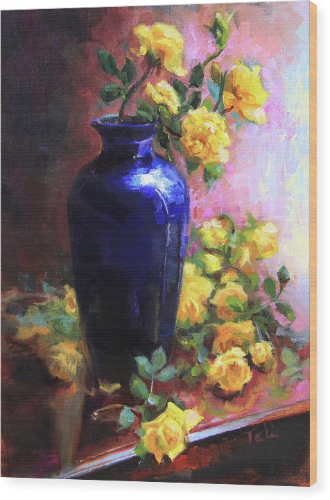 Persian Cobalt - yellow roses in cobalt vase - Wood Print