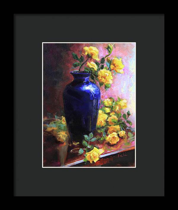 Persian Cobalt - yellow roses in cobalt vase - Framed Print