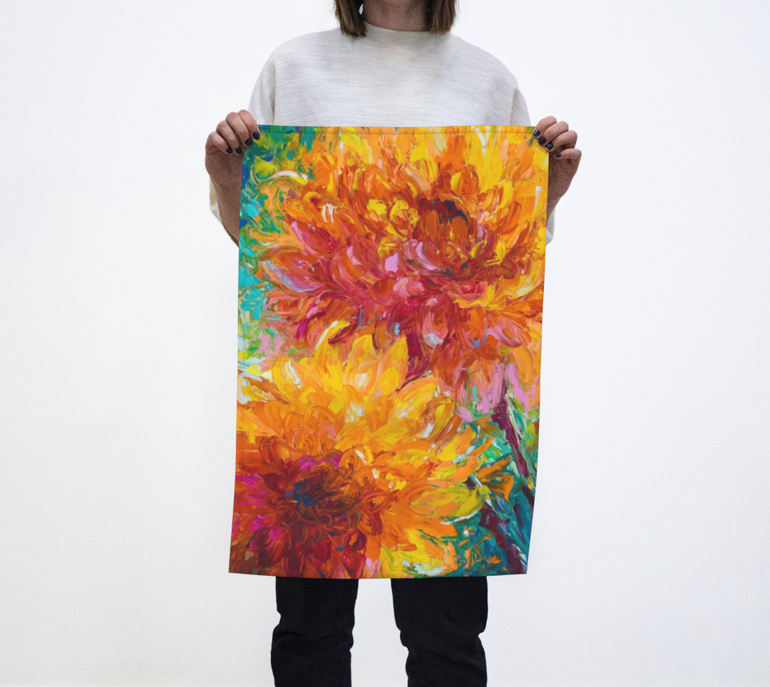 Passion Impressionist Orange Dahlias Fine Art Home Decor Tea Towel