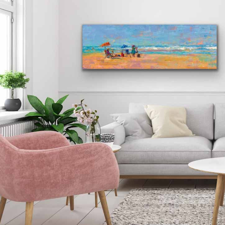 Impressionist beach oil painting by Talya Johnson hanging on interior wall of living room with contemporary home decor.