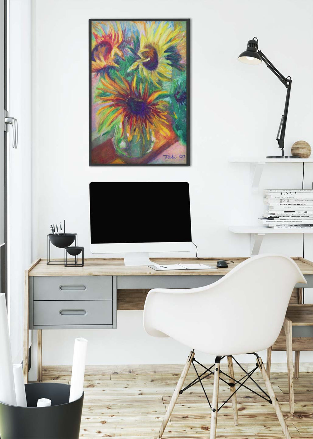 Brandy's Sunflowers still life on windowsill by Talya Johnson mockup of an art print frame hanged by a modern desk