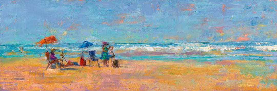 Impressionist palette knife oil painting of plein air painters painting on beach. Panoramic landscape artwork using colorful blue, pink, orange and yellow.
