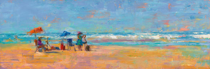Impressionist palette knife oil painting of plein air painters painting on beach. Panoramic landscape artwork using colorful blue, pink, orange and yellow.