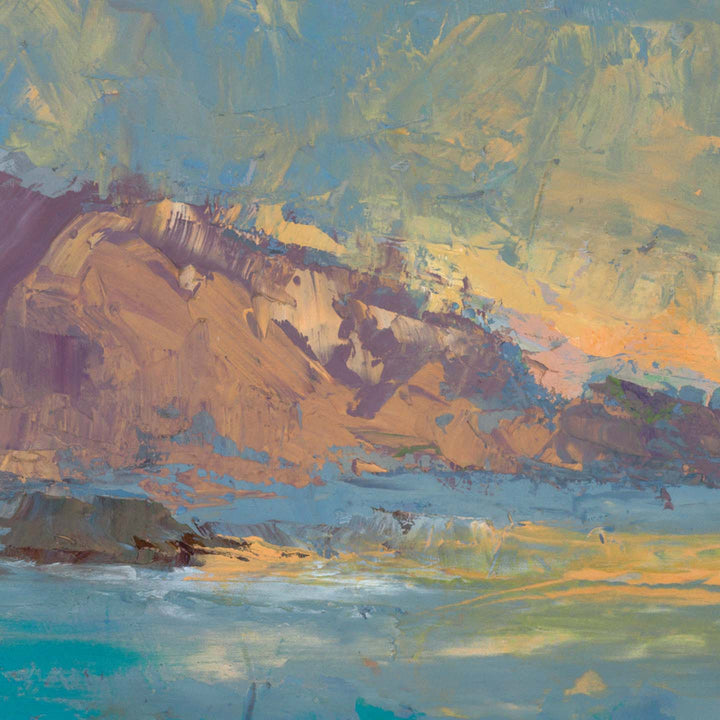 Big Sur: Original Abstract Beach Coastal Palette Knife Oil Painting Textured Impressionist Art in Blue, Turquoise, and Metallic Gold Colors by Talya Johnson detail