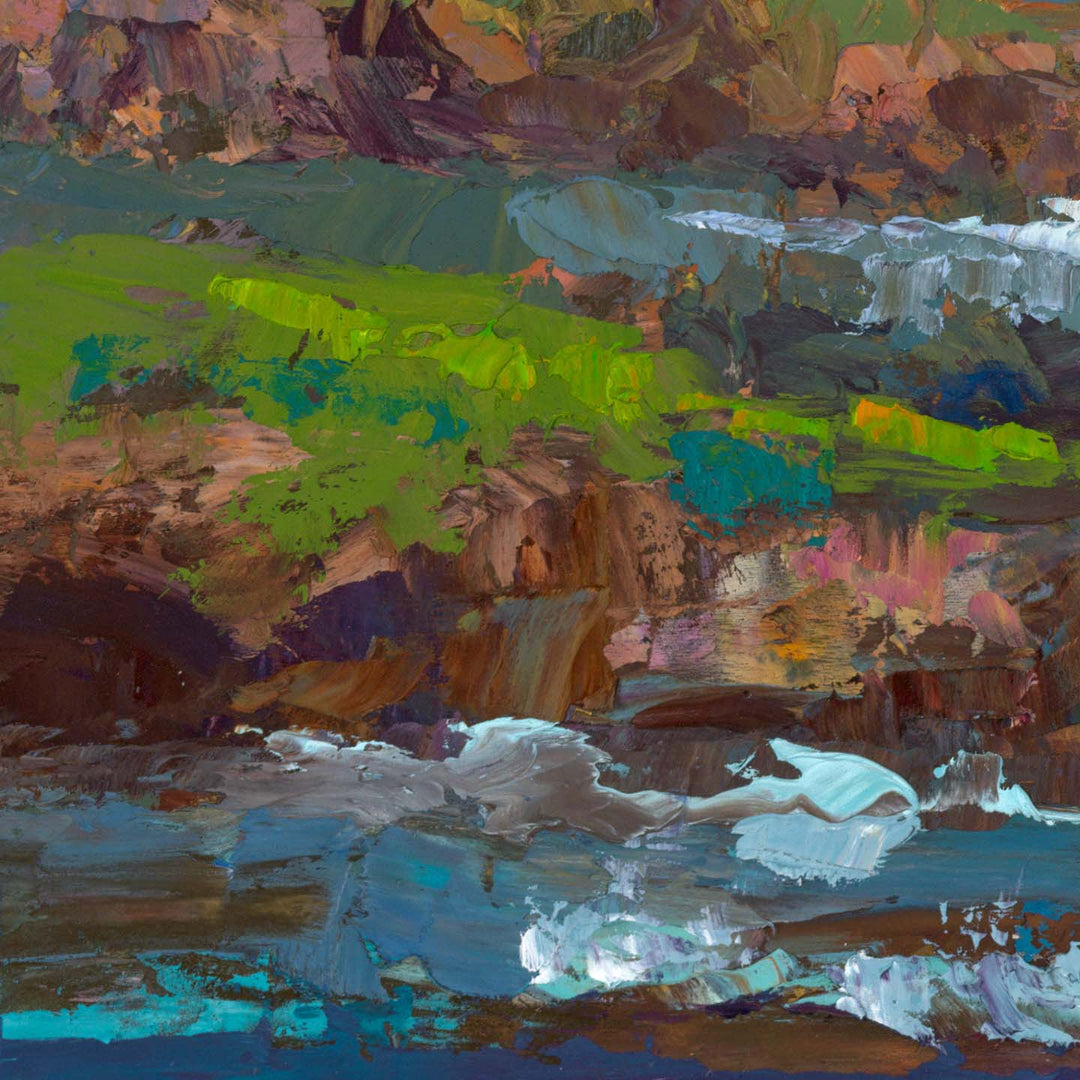 Big Sur: Original Abstract Beach Coastal Palette Knife Oil Painting Textured Impressionist Art in Blue, Turquoise, and Metallic Gold Colors by Talya Johnson detail