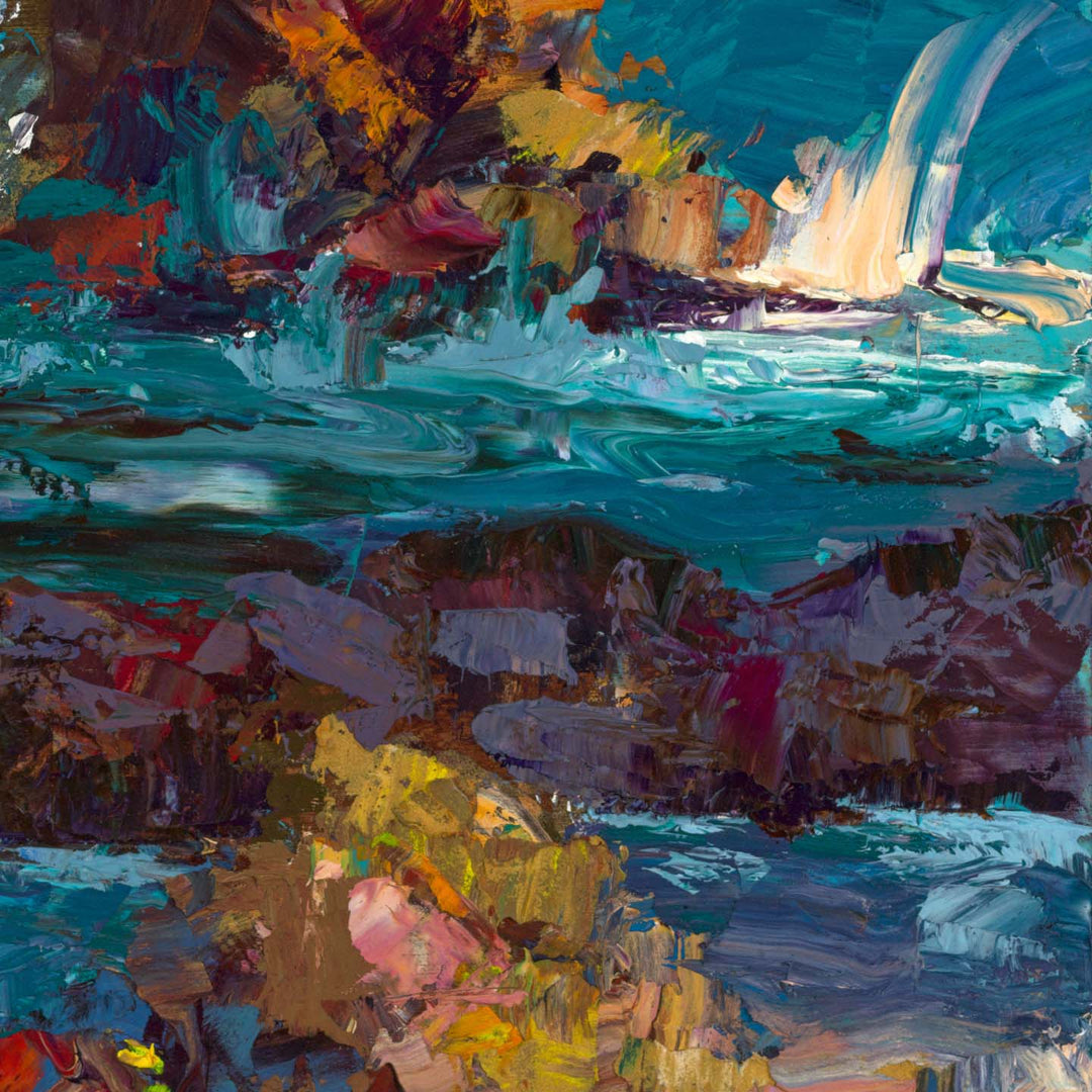 Big Sur: Original Abstract Beach Coastal Palette Knife Oil Painting Textured Impressionist Art in Blue, Turquoise, and Metallic Gold Colors by Talya Johnson detail