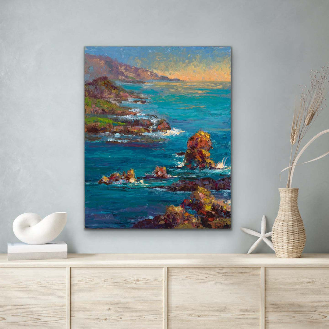 Big Sur: Original Abstract Beach Coastal Palette Knife Oil Painting Textured Impressionist Art in Blue, Turquoise, and Metallic Gold Colors by Talya Johnson mockup