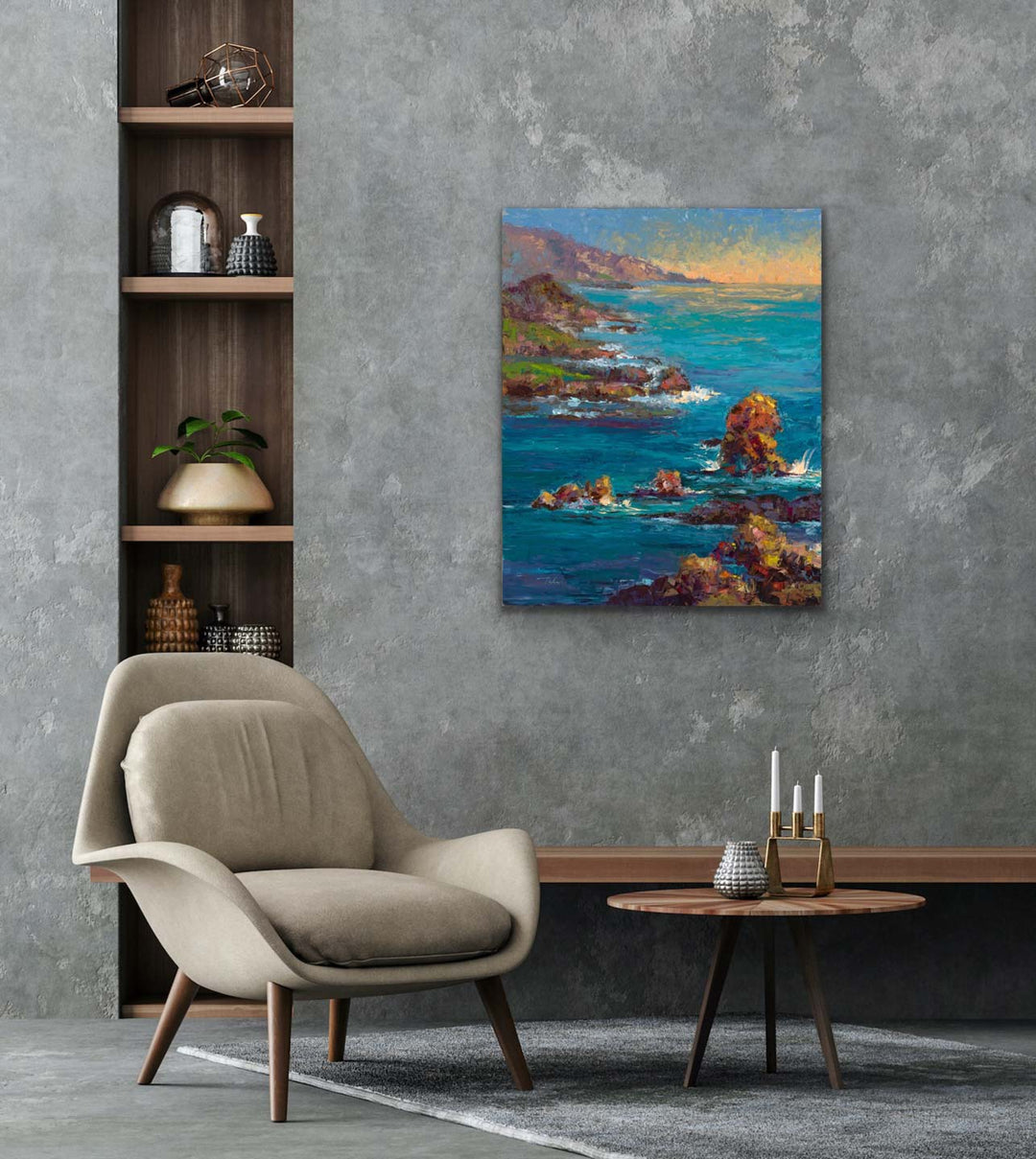 Big Sur: Original Abstract Beach Coastal Palette Knife Oil Painting Textured Impressionist Art in Blue, Turquoise, and Metallic Gold Colors by Talya Johnson mockup