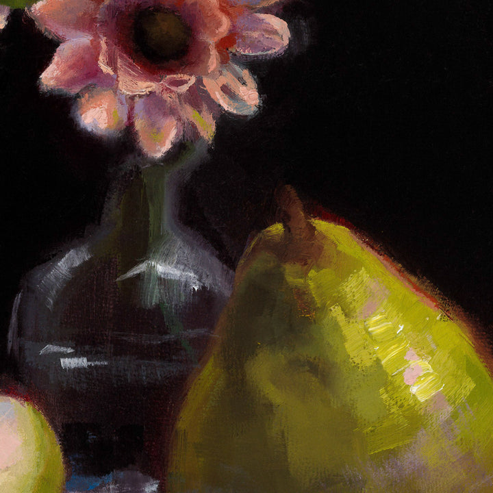 Detail Photo of Still Life with Pears and Pink Flowers | An Original Oil Painting | Fine Art Wall Decor | Dark Academia Decor Maximalism Wall Art |by Talya Johnson