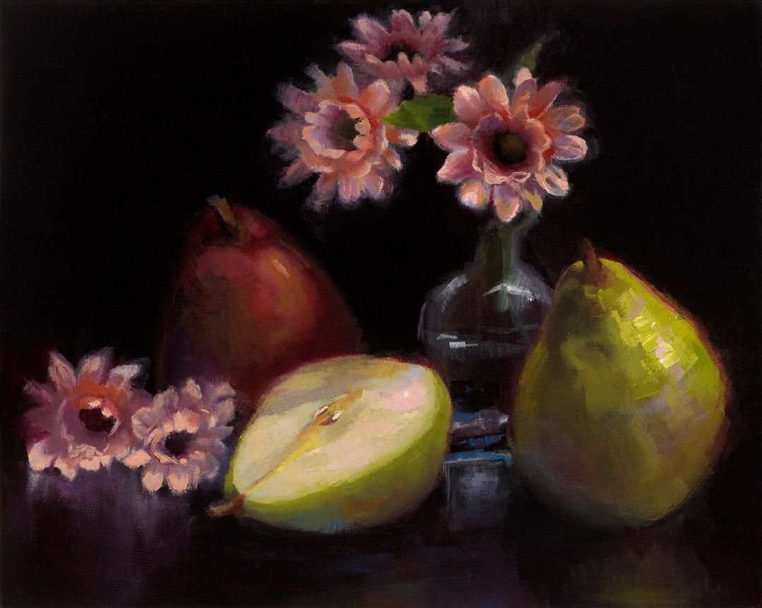 Photo of Still Life with Pears and Pink Flowers | An Original Oil Painting | Fine Art Wall Decor | Dark Academia Decor Maximalism Wall Art | by Talya Johnson