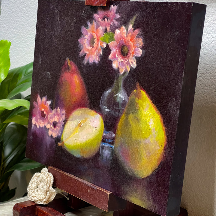 Photo of Still Life with Pears and Pink Flowers | An Original Oil Painting | Fine Art Wall Decor | Dark Academia Decor Maximalism Wall Art | by Talya Johnson