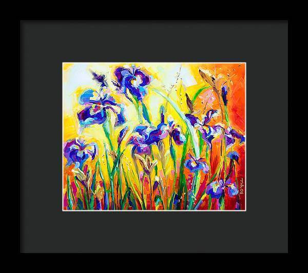 Alpha and Omega - Framed Print: Blue Iris impressionist painting by Talya Johnson art print with black mat and black frame.