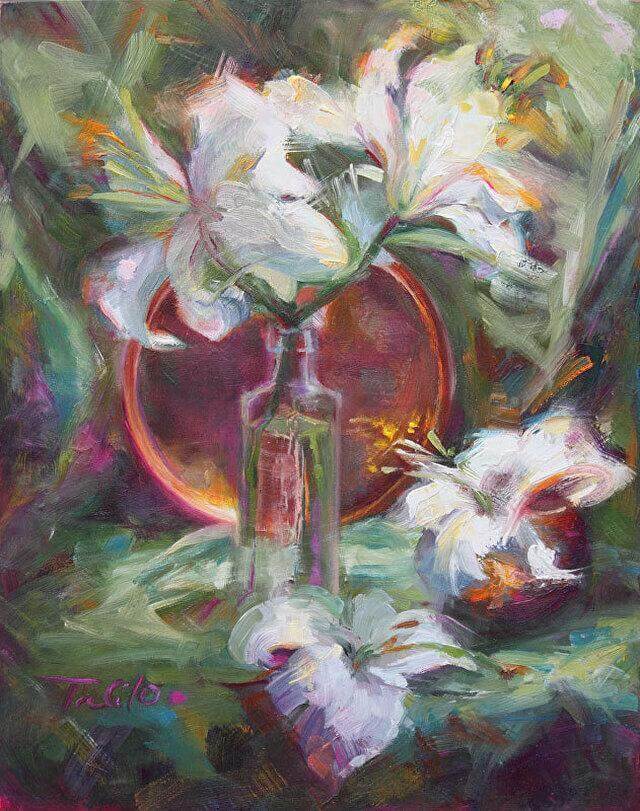 impressionist floral still-life original oil painting of white casa blanca lilies glass vase and copper plate by Talya Johnson