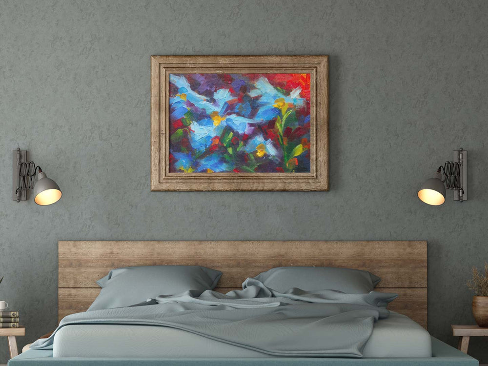 blue poppy painting talya johnson mockup horizontal art print modern bedroom