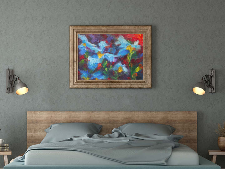 blue poppy painting talya johnson mockup horizontal art print modern bedroom