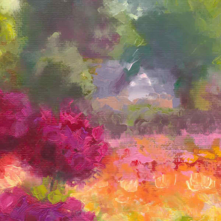 Detail of impressionist oil painting called Boogie Nite featuring dahlias and a farmhouse by Talya Johnson.