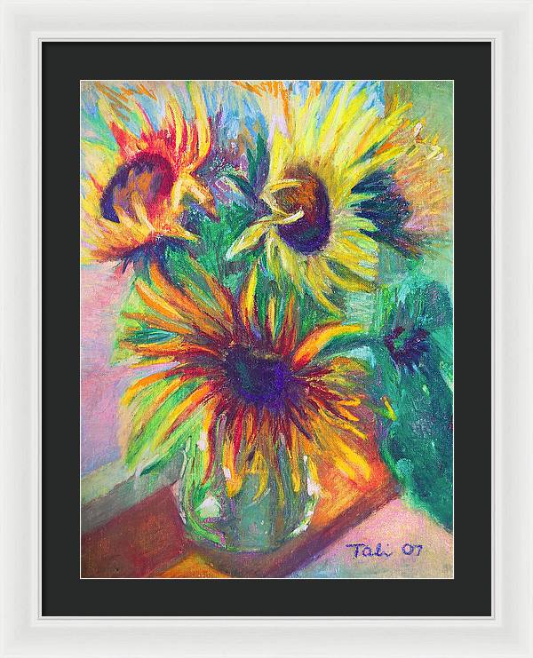 Brandy's Sunflowers - still life on windowsill - Framed Print