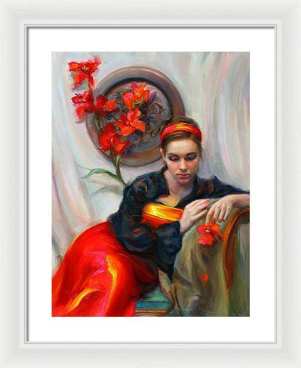 Common Threads - Divine Feminine in silk red dress - Framed Print