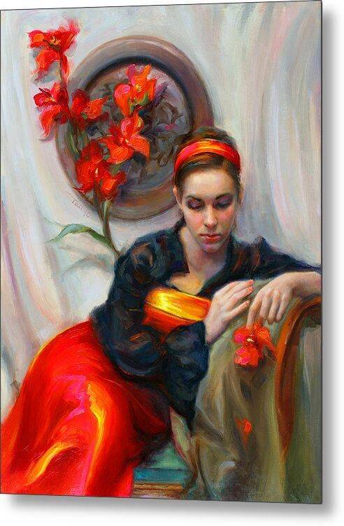 Common Threads - Divine Feminine in silk red dress - Metal Print