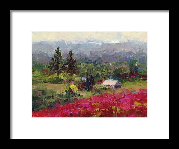 Crimson Hillside - plein air palette knife painting - Framed Print