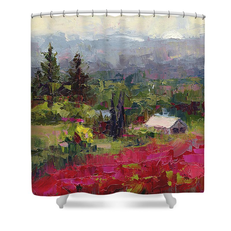 Crimson Hillside - plein air palette knife painting - Shower Curtain