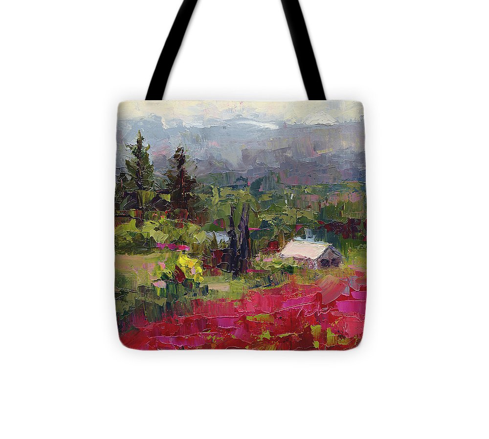Crimson Hillside - plein air palette knife painting - Tote Bag