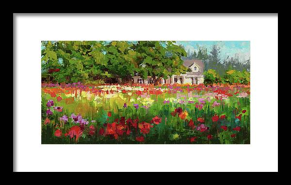 Dahlia Evening - landscape oil painting of Swan Island Dahlia farm in Oregon - Framed Print