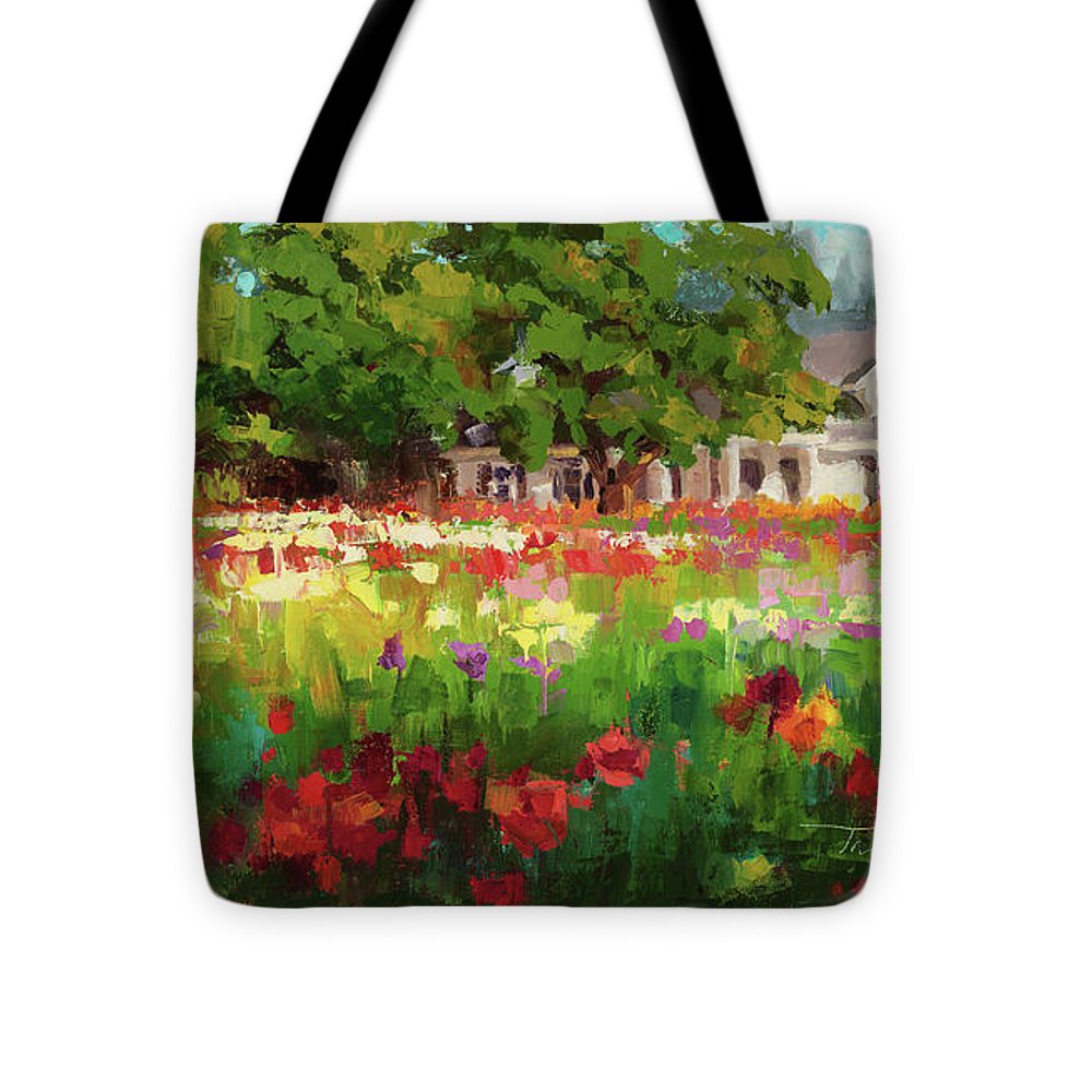 Dahlia Evening - landscape oil painting of Swan Island Dahlia farm in Oregon - Tote Bag