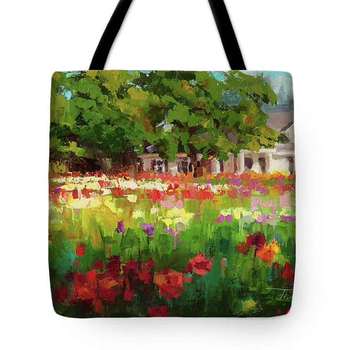 Dahlia Evening - landscape oil painting of Swan Island Dahlia farm in Oregon - Tote Bag