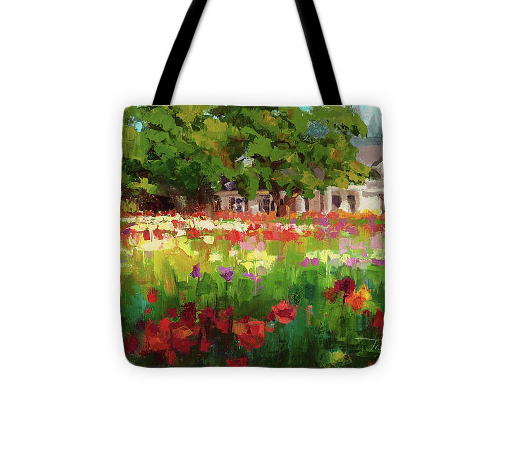 Dahlia Evening - landscape oil painting of Swan Island Dahlia farm in Oregon - Tote Bag