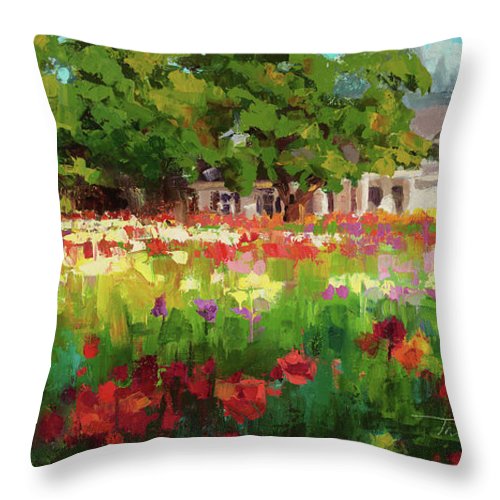 Dahlia Evening - landscape oil painting of Swan Island Dahlia farm in Oregon - Throw Pillow