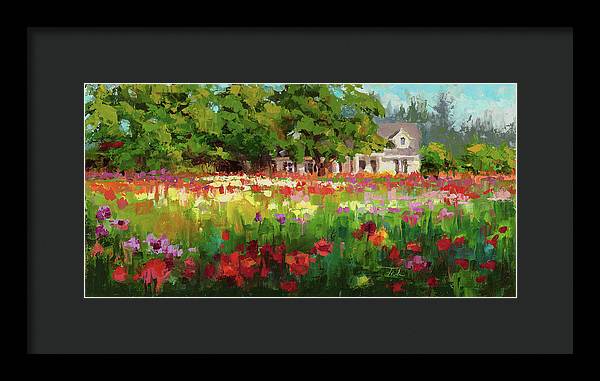 Dahlia Evening - landscape oil painting of Swan Island Dahlia farm in Oregon - Framed Print