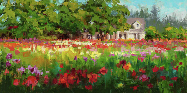 Dahlia Evening - landscape oil painting of Swan Island Dahlia farm in Oregon - Art Print