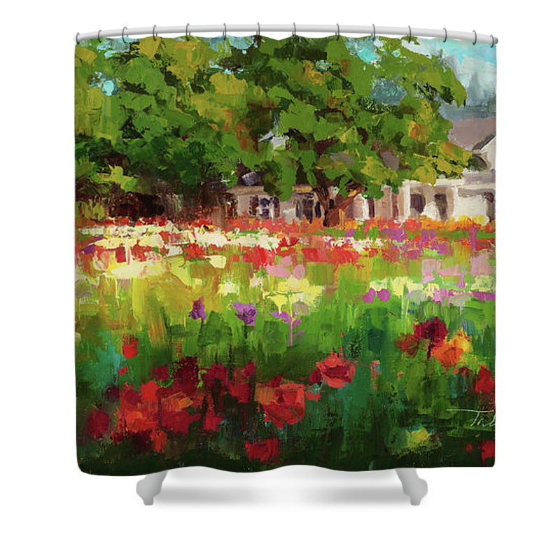 Dahlia Evening - landscape oil painting of Swan Island Dahlia farm in Oregon - Shower Curtain