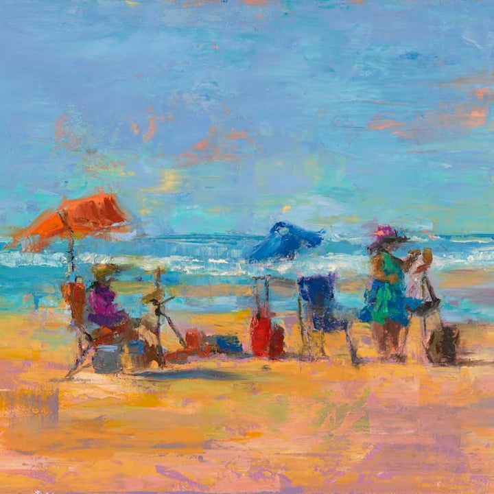 Detailed view of Some Beach, an original oil landscape painting for sale by Talya Johnson featuring artists plein air painting on beach with orange and blue umbrellas.