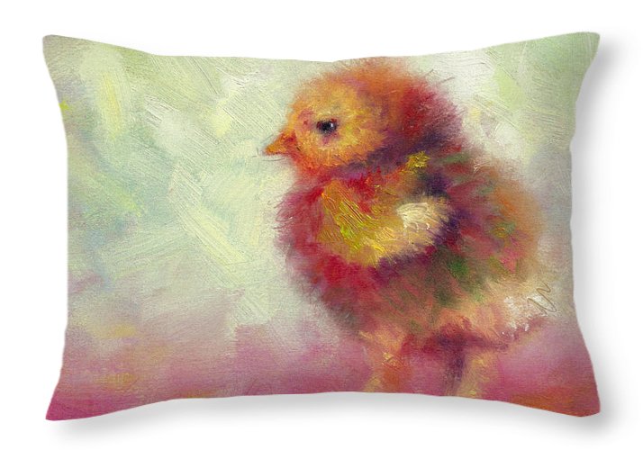 throw pillow with impressionist artwork of a baby chicken by talya johnson