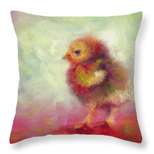 throw pillow with impressionist artwork of a baby chicken by talya johnson