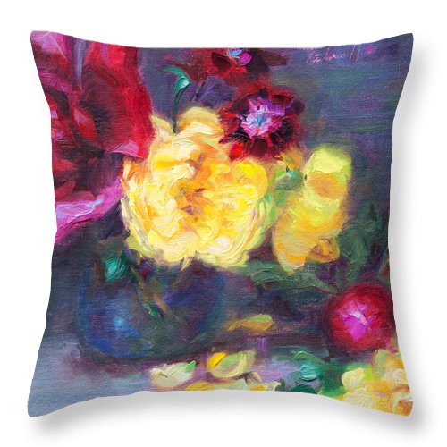 Lemon and Magenta flowers and radish Throw Pillow with floral impressionist artwork by talya johnson