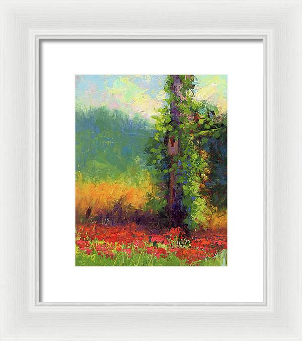 Nesting - palette knife painted landscape with bird nest green hills and red poppies - Framed Print