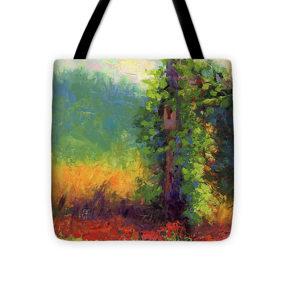 Nesting - palette knife painted landscape with bird nest green hills and red poppies - Tote Bag