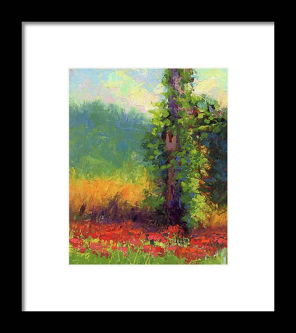 Nesting - palette knife painted landscape with bird nest green hills and red poppies - Framed Print