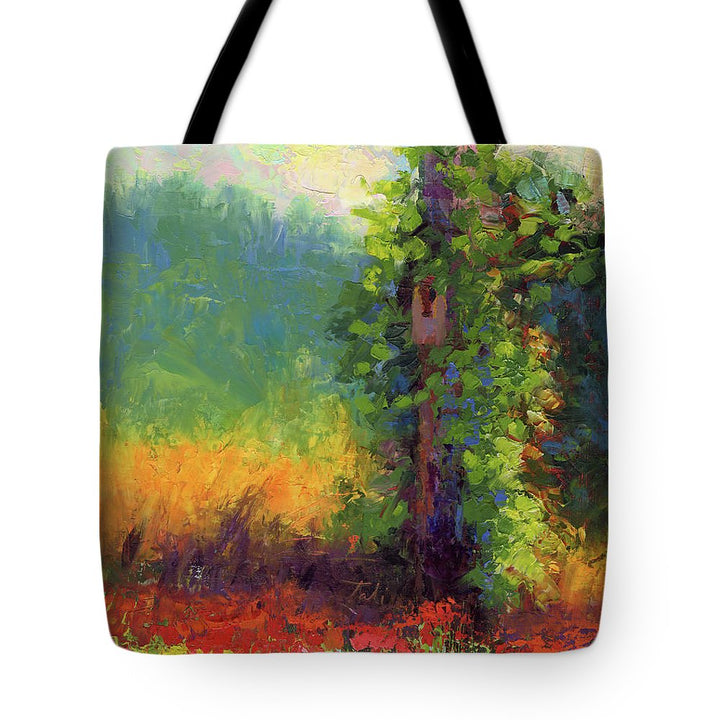 Nesting - palette knife painted landscape with bird nest green hills and red poppies - Tote Bag