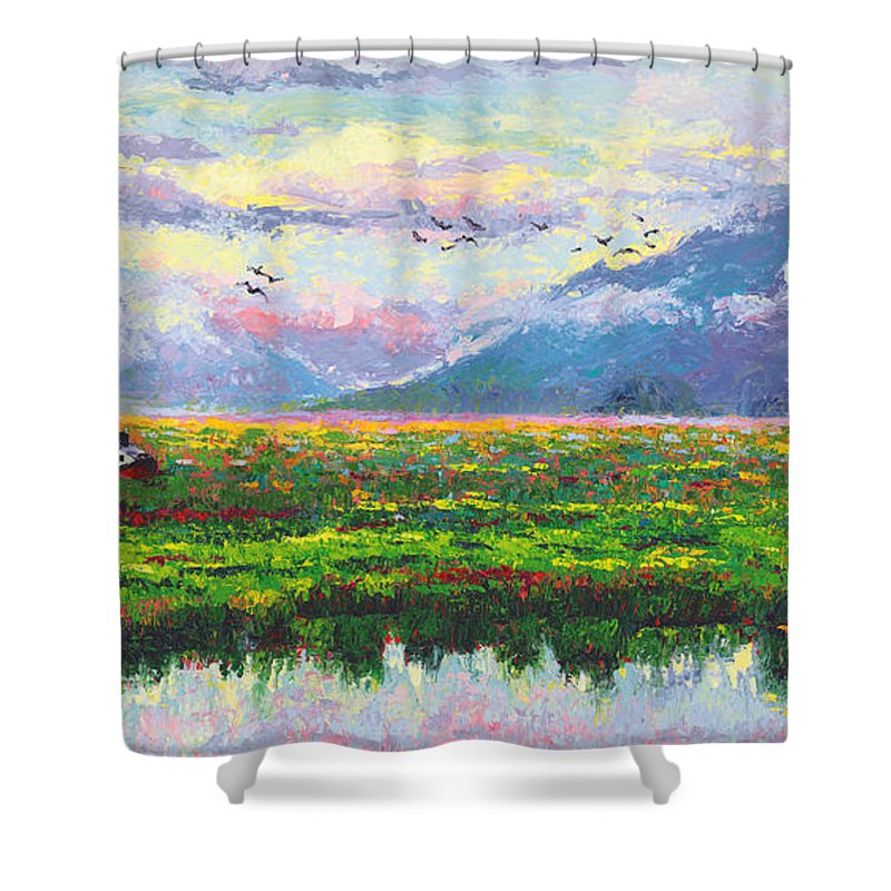 Nomad - Alaska Landscape with Joe Redington's boat in Knik Alaska - Shower Curtain